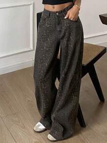 Dazy Tall 女式宽松街头风格直筒裤，豹纹牛仔裤 - 棕色 - 查看 4