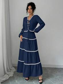 Rafferiza Women's French Elegant Lantern Sleeve Ruffle Trim Bowknot Blouse And Skirt 2 Pieces Set Fall Cloth For Women - Navy Blue - View 4