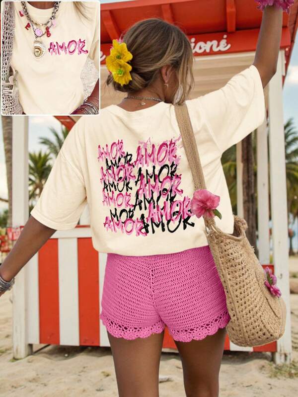 DrmWander Plus Size Women Letter Print Round Neck Short Sleeve Casual T-Shirt, Summer