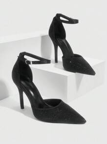 CUCCOO SZL Women's Pointed Toe High Heel Rhinestone Embellished Ankle Strap Pumps, Sexy Party Dress Shoes For Christmas Spring Shoes - Black - View 2