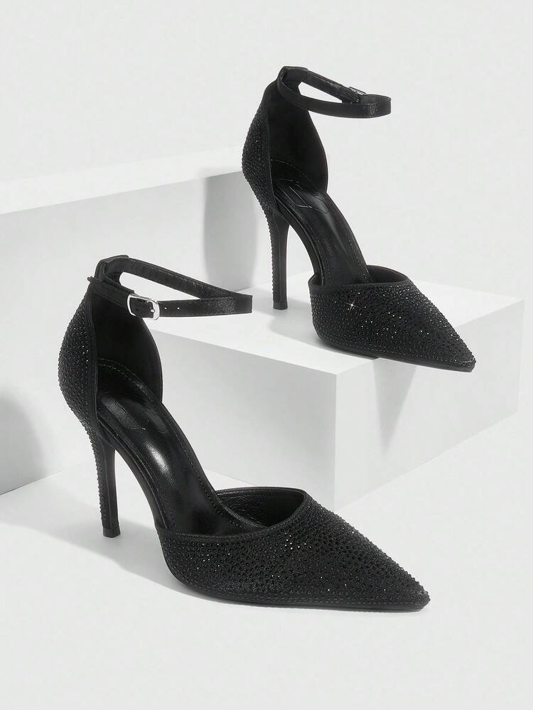 CUCCOO SZL Women's Pointed Toe High Heel Rhinestone Embellished Ankle Strap Pumps, Sexy Party Dress Shoes For Christmas Spring Shoes