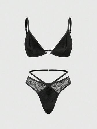 Goth Set di reggiseno bralette e perizoma con bordo in pizzo, stile gotico scuro