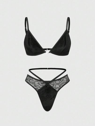 Gothic Dark Style Bralette & Lace Trim Thong Panty Set