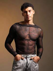 FeverCity Áo thun nam tay dài cổ bất đối xứng gợi cảm, dáng ôm, mùa thu - màu đen - Xem 5