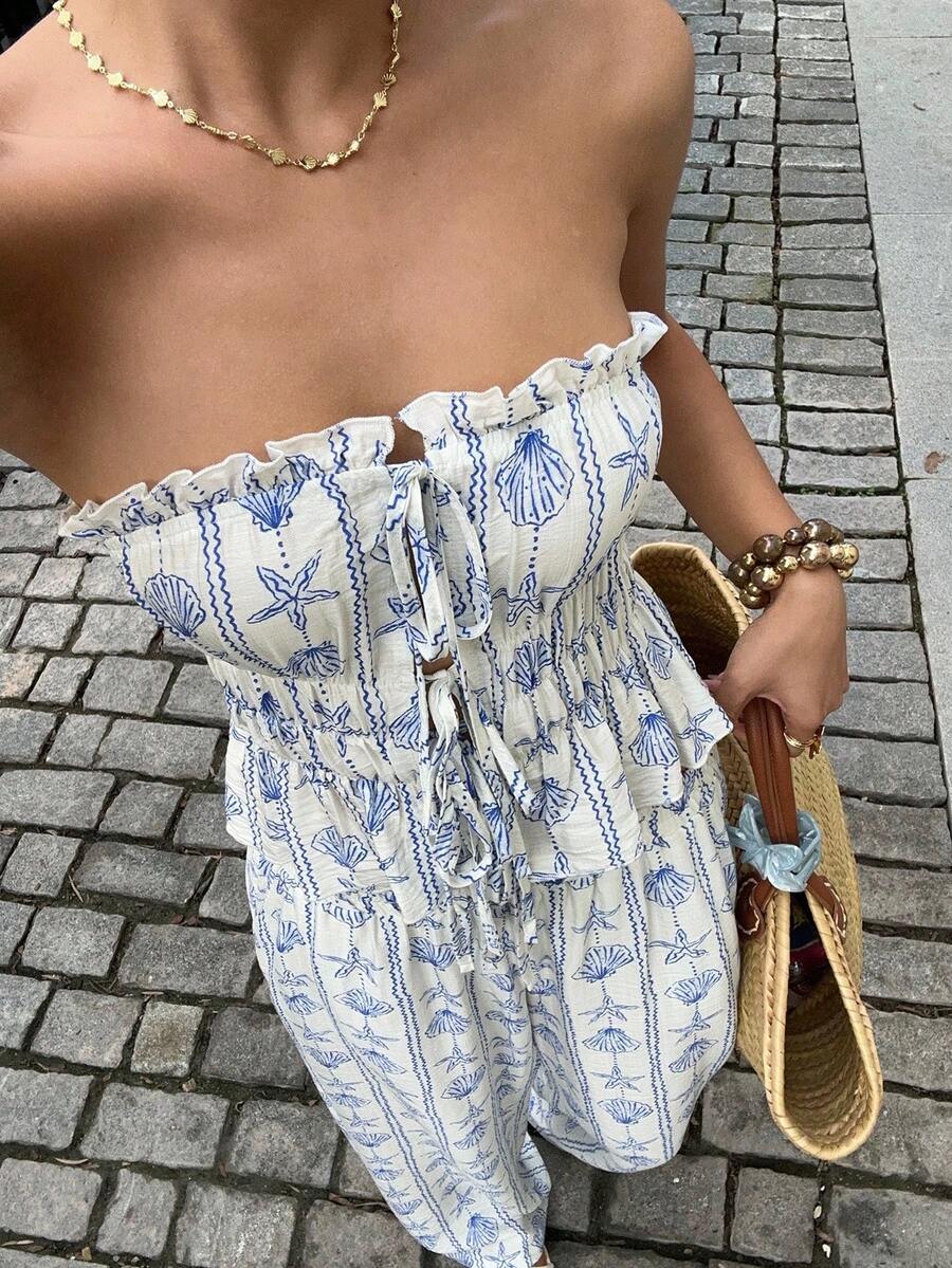 SHEIN Unity 度假休闲印花系带复古抹胸上衣+阔腿裤两件套 - 藍白色 - 查看 1