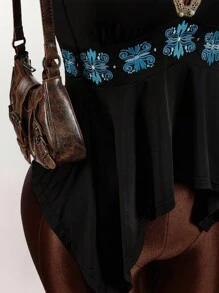 Amplova 亮片蕾丝拼布亮片刺绣图案不对称下摆女式吊带背心 - 棕色 - 查看 5