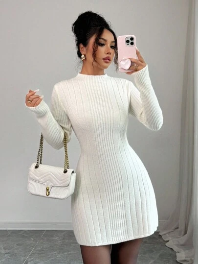 Elenzga Vestido ajustado de línea A de manga larga con cuello alto acanalado, que estiliza y ciñe la cintura para mujeres