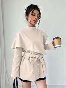 Elenzga Women's Stand Collar Loose Casual Minimalist Long Sleeve Coat, Autumn/Winter - Beige - View 6