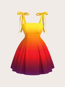 SHEIN MOD Plus Size Women Sunset Gradient Print Spaghetti Strap Tie-Up Short Dress,Yellow Gradient Orange Holiday Dress - Multicolor - View 1
