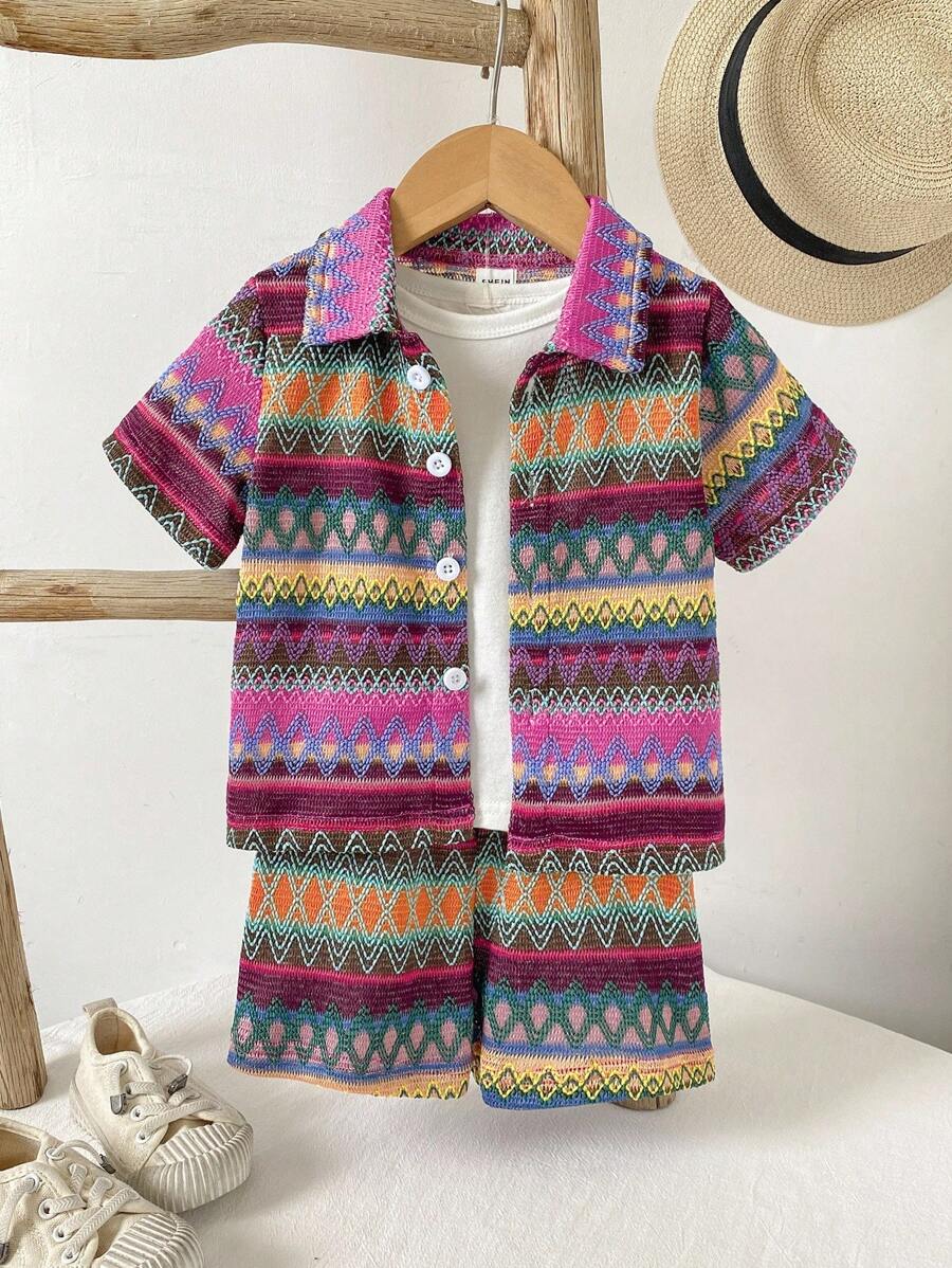 SHEIN 2 件套春夏新款休闲风格纯色提花纹理纽扣口袋领衬衫和松紧腰褶皱短裤搭配舒适男婴服装、儿童服装、幼儿服装、婴儿服装、幼儿外套、幼儿短裤、6M-3T - 彩色 - 查看 1