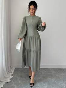 Selianne 女士优雅灯笼袖 A 字中长连衣裙，小立领，收腰，适合通勤，春/秋/冬 - 軍綠色 - 查看 5