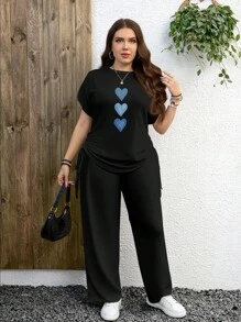 SHEIN LUNE 2pcs Casual Minimalist Blue Heart Pattern Plus Size Set, Suitable For Summer & Autumn - Multicolor - View 4