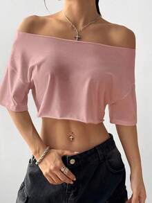 SHEIN Unity 女式白色露肩流苏短款上衣，超大街头风，百搭 Y2K 时尚性感短袖 T 恤，春夏