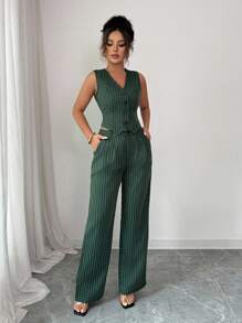 Chiquease Áo vest và quần sọc đơn dành cho nữ Bộ đồ công sở hàng ngày cho mùa hè - Màu xanh lá cây đậm - Xem 3