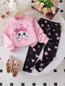 Elladie kids Young Girls Cute Everyday Outfit, Cat Print Headscarf, Round Neck Long Sleeve Grey Top, Pink Heart Print Black Pants, Children Autumn Casual Wear Fall Winter - Pink - View 1