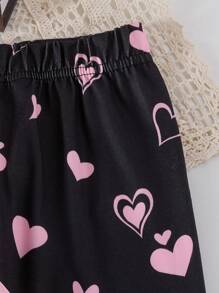 Elladie kids Young Girls Cute Everyday Outfit, Cat Print Headscarf, Round Neck Long Sleeve Grey Top, Pink Heart Print Black Pants, Children Autumn Casual Wear Fall Winter - Pink - View 3