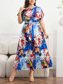 Modelyn Plus Size Elegant Floral Print Dress, Summer - Blue - View 1