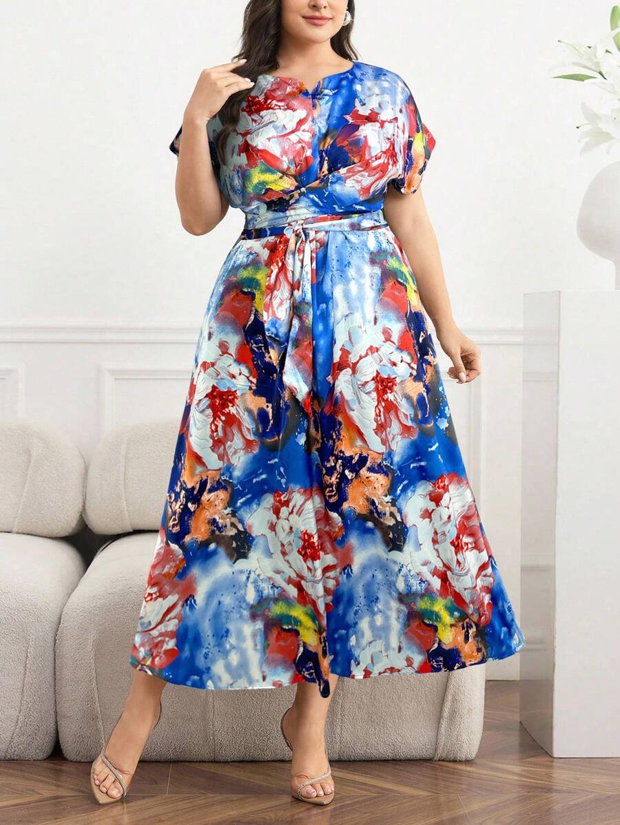 Modelyn Plus Size Elegant Floral Print Dress, Summer - Blue - View 1