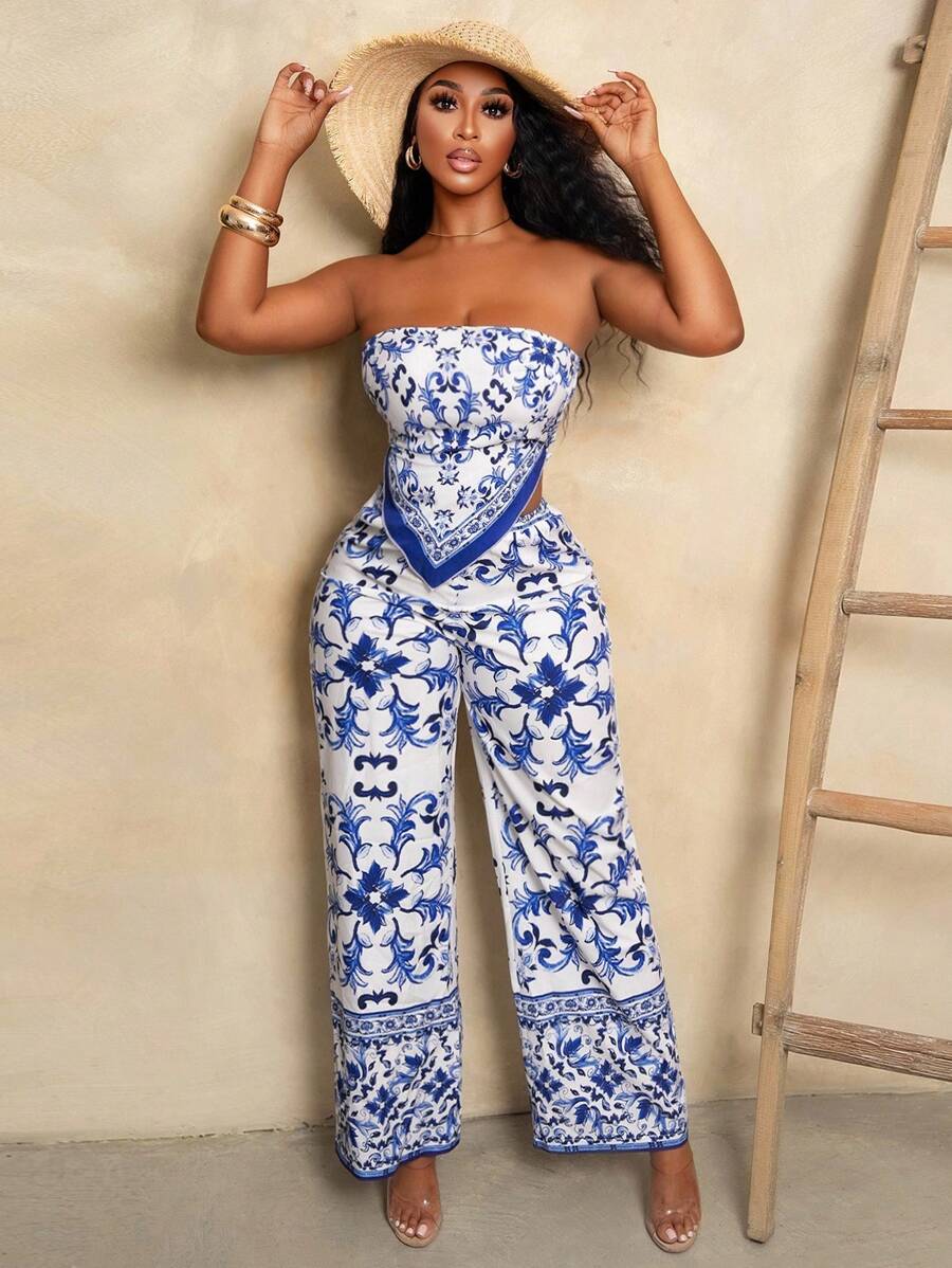 Quần yếm BamGleam mùa hè / kỳ nghỉ bãi biển, áo siêu ngắn in hoa viền bất đối xứng, quần ống rộng siêu dài, bộ hai món - C - Nhiều màu - Xem 1