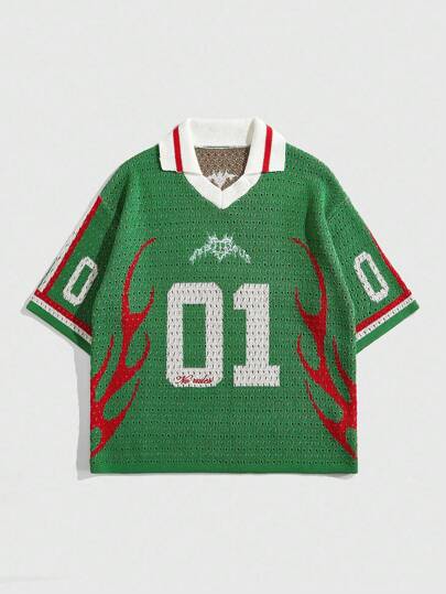 Prep Top tricoté à manches courtes, coupe ample et couleurs contrastées pour hommes