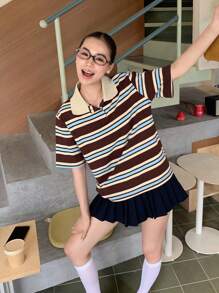 DAZY 女士条纹休闲韩版短袖T恤，适合返校季 - 咖啡棕 - 查看 12