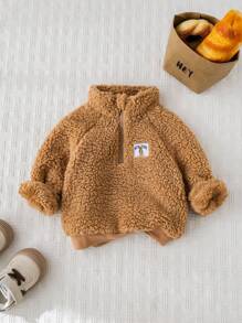Cozy Pixies Baby Boy Thermal Lined Crew Neck Long Sleeve Half-Zip Pullover Sweatshirt,In Fall/Winter - Camel - View 5