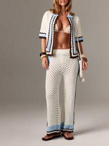AiiRZ Crochet Wide Leg Pants Resort Beach Vacation Boho Summer Pool Cover Up Lounge Pants Crochet Palazzo Swimwear Cover Up Bottoms - Multicolor - View 3