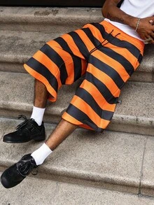 Manfinity Roghcode 男士抽绳腰口袋条纹阔腿宽松休闲运动裤 - 彩色 - 查看 4