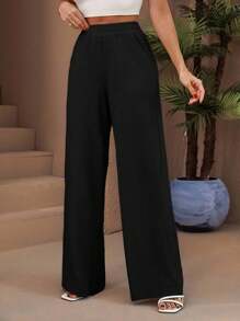 EURMUSE Calça Petite cintura alta, cintura elástica, cordão, perna longa, textura - Preto - Ver 7