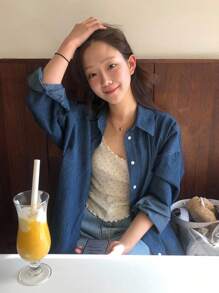 DAZY 女士分层设计独特牛仔衬衫、通勤休闲上衣、牛仔夹克、秋季女装 - 深色水洗藍 - 查看 7