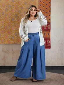 EMERY ROSE Jeans casual di moda con vita elastica, pieghe e tasche, per donne taglie forti