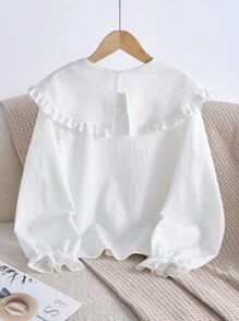 Blusa casual a maniche lunghe con bordo in pizzo per ragazze, camicia elegante con colletto ricamato a fiori per uscite, top bianco semplice - Bianco - Visualizzare 2