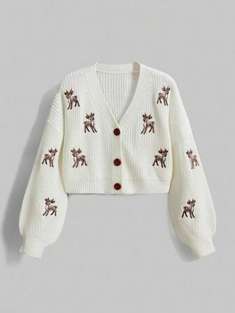 Kawaii Cárdigan con bordado de ciervos lindo para mujer, romántico y casual