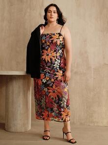 Anewsta Vestido de fiesta elegante de talla grande para mujer con tirantes medianos y estampado floral con cuentas - Negro - Ver 6