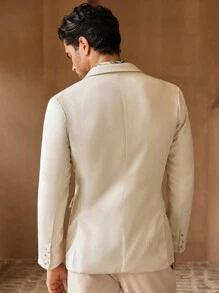 Mainfolk 男士纯色翻领长袖双排扣休闲西装外套，适合秋冬 - 米色 - 查看 6