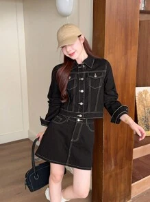 DAZY 女士韩版休闲水洗牛仔衬衫和裙子两件套，春秋装，秋季女装 - 藍色 - 查看 3