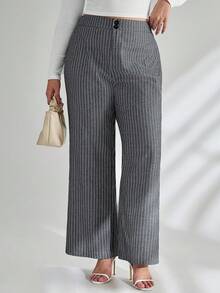 SHEIN Tall CURVE 大码女式纽扣设计宽腿宽松休闲裤 - 深灰色 - 查看 3