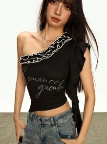 Rina Fox Top Casual Feminina com Babado, Aplicação de Strass e Ombros Abertos - Preto - Visão 6