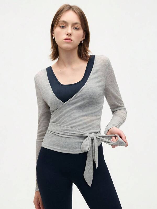 Easify SHEIN Sport Women's Casual Lightweight Textured Tie-Front Long Sleeve Sports T-Shirt, Versatile For All Seasons