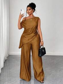 Maweii Plus Size Women's Fashion Casual Asymmetric Shoulder Top & Loose Pants 2 Pieces Set - Coffee Brown - View 2