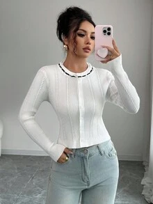 Elenzga 秋冬新款复古圆领蕾丝边青春修身休闲女开衫 - 彩色 - 查看 5