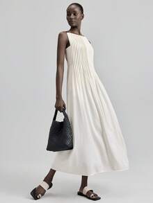 Ontre 2026 New Elegant Urban Style White Striped Flared Dress With Black Woven Straps,Apparel Pleated Top Ivory Dress Pleated Dress Flow Dress Modern Urban Casual Fashion Business Casual Women's Office Wear Low-Key Old Money Style Effortless Temperament High-End Urban Commuting High-Quality Airport Women's Wear High-End Material High-End, Elegant, Old-Fashioned Cruise Clothing High-End, Elegant, Old-Fashioned Cruise Clothing Advanced Craft Pleated Design Beach Clothing, Bohemian Style Vacation Wear, A