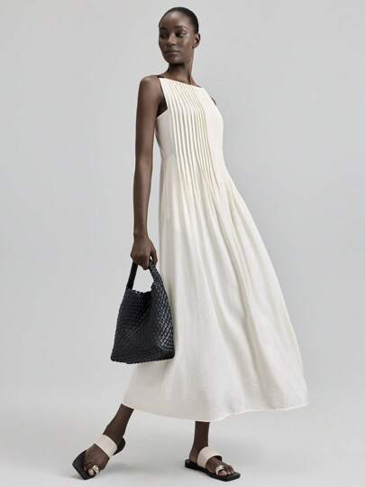 Ontre 2026 New Elegant Urban Style White Striped Flared Dress With Black Woven Straps,Apparel Pleated Top Ivory Dress Pleated Dress Flow Dress Modern Urban Casual Fashion Business Casual Women's Office Wear Low-Key Old Money Style Effortless Temperament High-End Urban Commuting High-Quality Airport Women's Wear High-End Material High-End, Elegant, Old-Fashioned Cruise Clothing High-End, Elegant, Old-Fashioned Cruise Clothing Advanced Craft Pleated Design Beach Clothing, Bohemian Style Vacation Wear, A