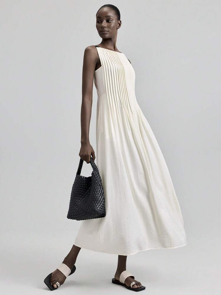 Ontre 2026 New Elegant Urban Style White Striped Flared Dress With Black Woven Straps,Apparel Pleated Top Ivory Dress Pleated Dress Flow Dress Modern Urban Casual Fashion Business Casual Women's Office Wear Low-Key Old Money Style Effortless Temperament High-End Urban Commuting High-Quality Airport Women's Wear High-End Material High-End, Elegant, Old-Fashioned Cruise Clothing High-End, Elegant, Old-Fashioned Cruise Clothing Advanced Craft Pleated Design Beach Clothing, Bohemian Style Vacation Wear, A - White - View 6