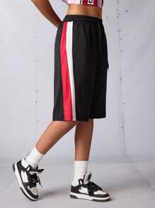 Streetz SHEIN Sport 女士运动短裤，返校装，毕业典礼，返校，女士休闲运动短裤，夏季街头风格，日常穿着的松紧腰短裤，拳击百慕大短裤，黑色和红色短裤，百慕大短裤，篮球短裤，网眼运动服，运动服，健身，健身房，网球，匹克球，Y2k Active，健身，健身房，Padel，网球，匹克球 - 黑色 - 查看 4