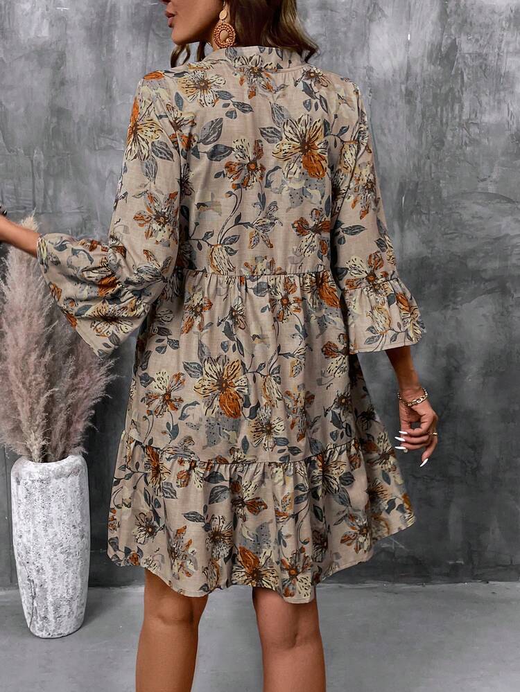 Women's Floral Print Cutout V-Neck Ruffled Hem Long Sleeve Mini Dress,Summer Dresses For Women Casual Dresses For Women Holiday Outfits Summer Holiday Outfits Ountry Concert Outfit  Country Dress For Women