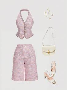 SHEIN MOD Women's Elegant Tweed Wide Leg Shorts With Faux Pearl Chain Decoration,Fall Women Clothes,Autumn,Back To School Clothes,Business Casual,Teacher Outfits For Women,Old Money Style Women,Brunch Outfits For Women,Cruise Outfits Women,Classy Elegant,Office Outfits For Women,Work Clothes Women,Brunch Outfits For Women