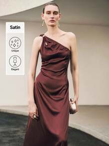 Uhlyne Robe longue élégante pour femmes, avec décoration métallique creuse en forme de larme, couleur unie évasée à la taille, pour occasions, automne