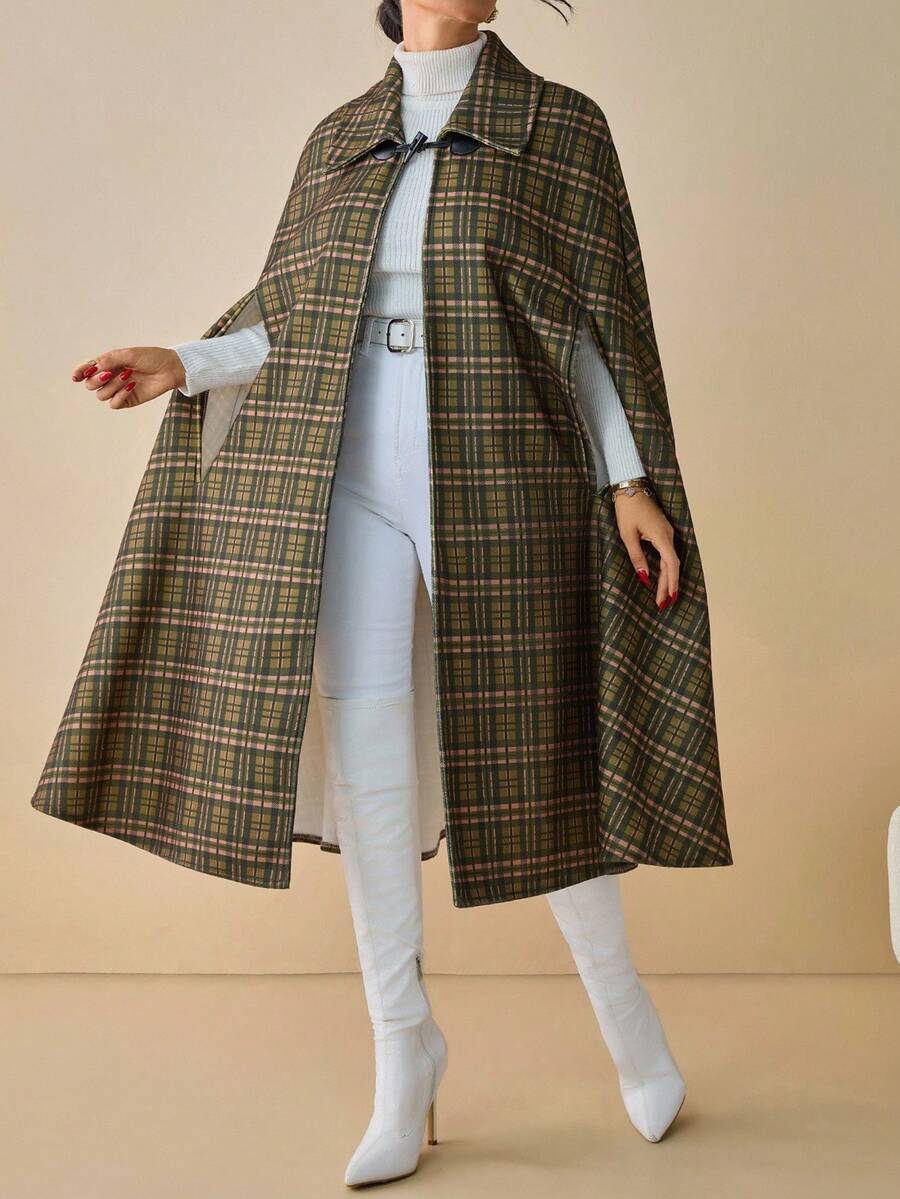 EURMUSE Women's Multicolor Plaid Cut Out Button Front Elegant Coat - Multicolor - View 1