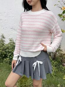 SHEIN Teen Girl Striped Cute Loose Elegant Comfortable Pullover Knit Sweater,In Fall/Winter - Pink - View 1